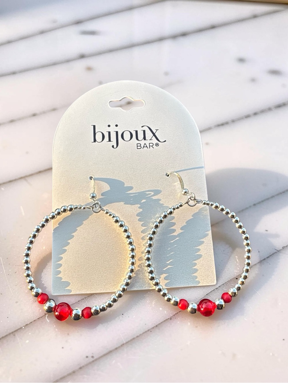 Bijoux Bar Silver Hoop Earrings with Red Beads - Picture 2 of 3